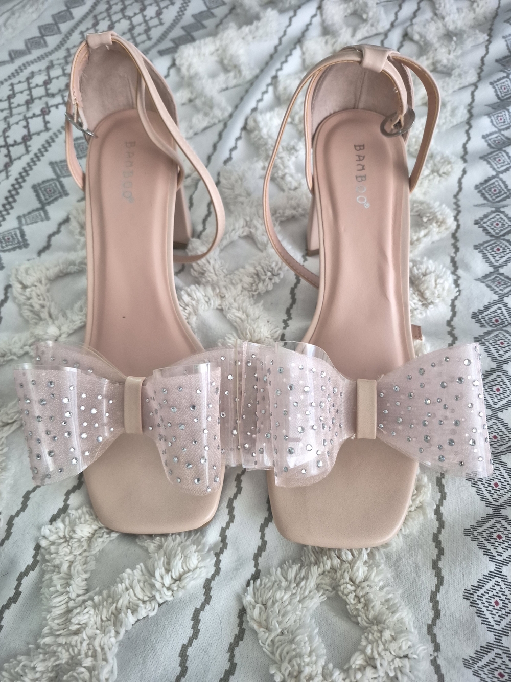 Nude Bow Ankle-Strap Block Heels